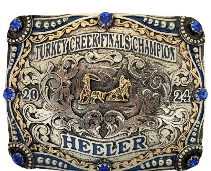 Turkey Creek Finals Champion Heeler Supreme buckle with blue stones