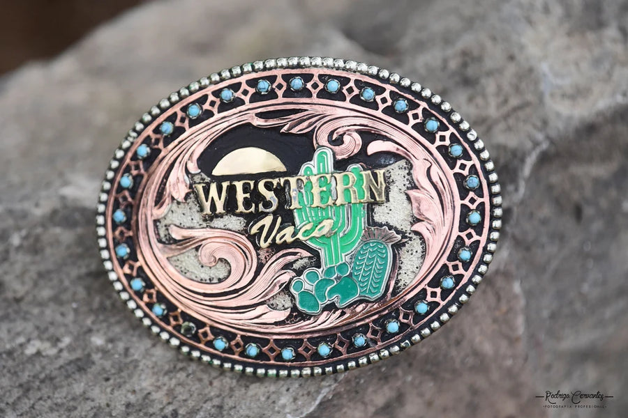 Oval copper and turquoise Western Vaca buckle with hand-engraved scrollwork