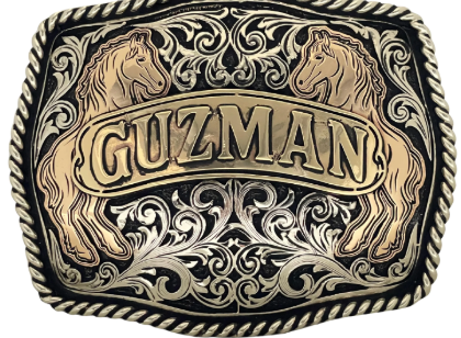 Guzman Supreme buckle with deep hand-engraved gold lettering