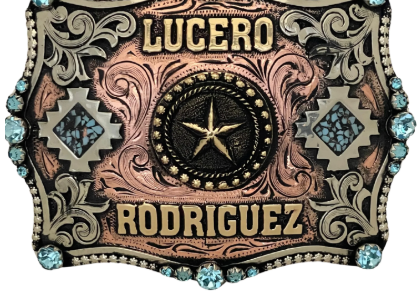 Lucero Rodriguez Supreme buckle with turquoise and copper overlays