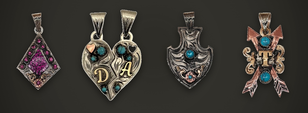 Four custom Western pendants: pink stone diamond, split heart with initials, engraved arrowhead, and crossed arrows with turquoise