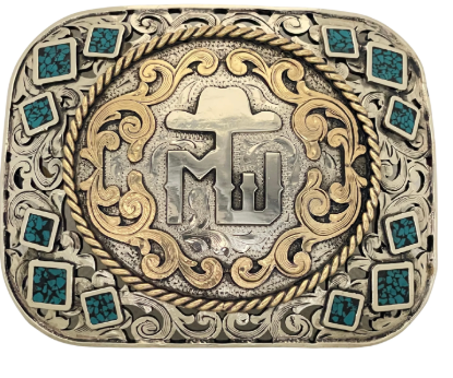 Classic belt buckle with turquoise squares and gold MW monogram